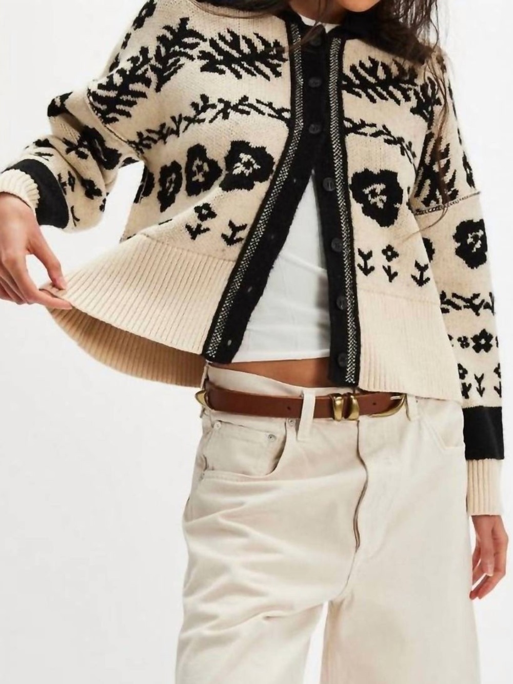 Free People Cream and Black Floral Button-Up Cardigan Sweater